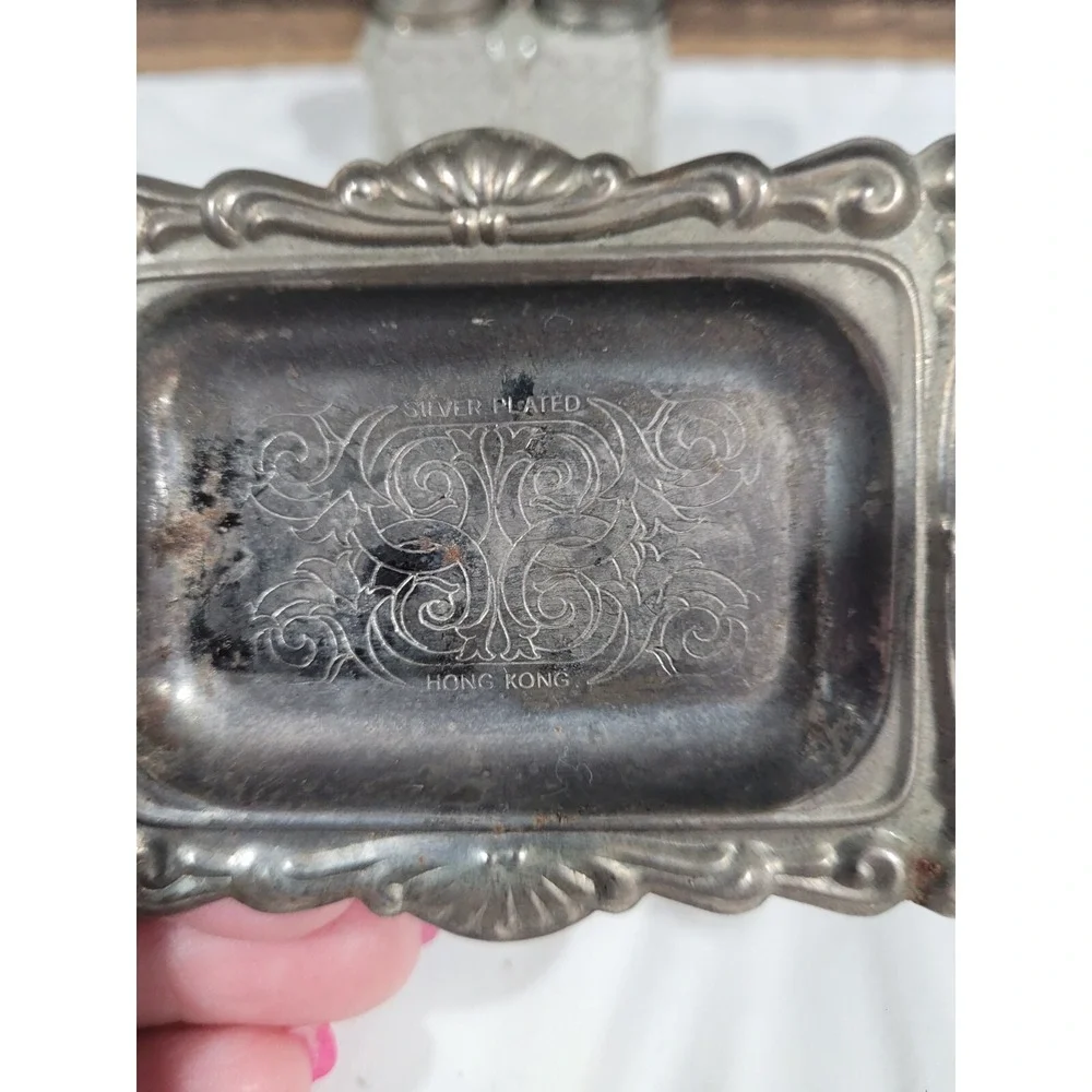 Vintage Hong Kong Glass Salt & Pepper Shakers Set w/ Ornate Silver-Plate Tray.